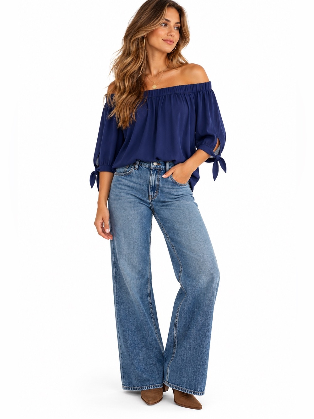 Express Medium Navy Blue Off Shoulder Blouse Tie Sleeve Boho Peasant